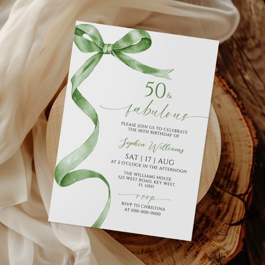 Sage Green Bow 50 & Fabulous Verjaardag Uitnodigin Kaart