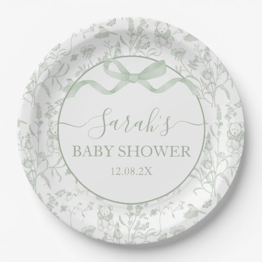 Sage Green Bow Baby shower Boy Papieren Bordje (Voorkant)