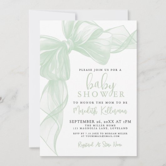 Sage Green Bow Baby Shower Kaart (Voorkant)