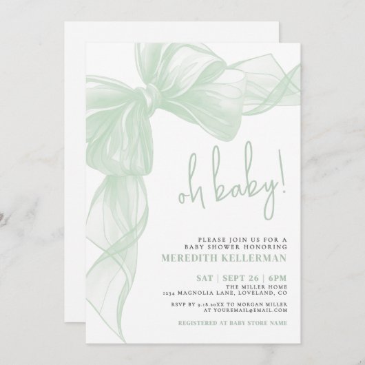 Sage Green Bow Baby Shower Kaart (Voorkant / Achterkant)