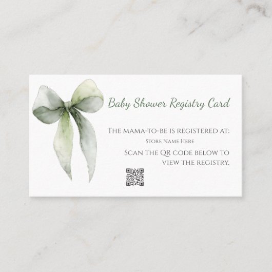 Sage Green Bow Baby Shower Registry Card Visitekaartje (Voorkant)