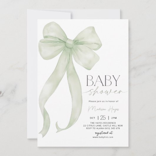 Sage Green Bow Baby shower Uitnodiging Sjabloon (Voorkant)