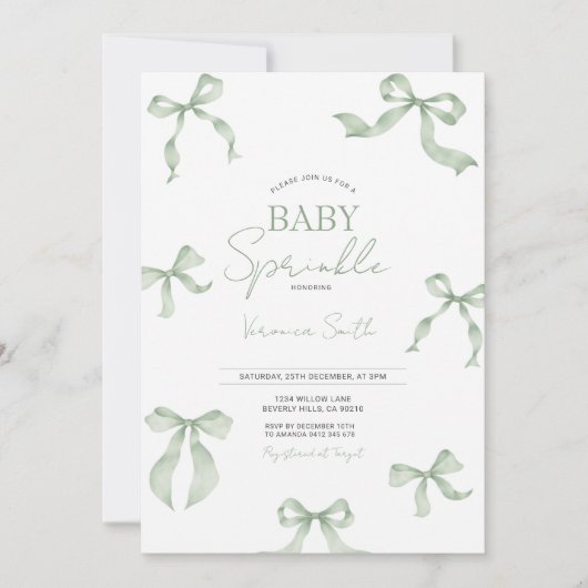 Sage Green Bow Baby Sprinkle Invitation Kaart (Voorkant)