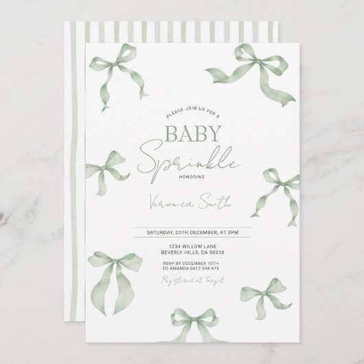 Sage Green Bow Baby Sprinkle Invitation Kaart (Voorkant / Achterkant)