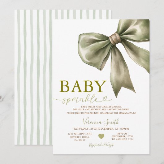 Sage Green Bow Baby Sprinkle Invitation Kaart (Voorkant / Achterkant)
