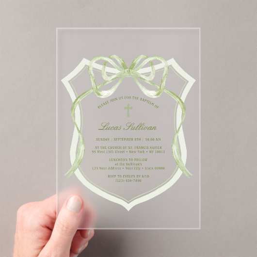 Sage Green Bow Crest doop Acryl Uitnodigingen (Insitu (Draagbaar))