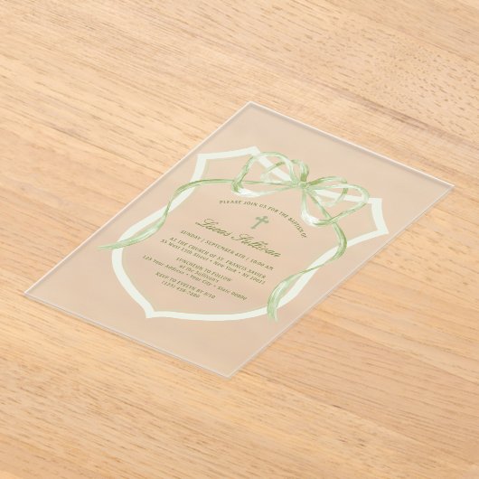Sage Green Bow Crest doop Acryl Uitnodigingen (Laagn)