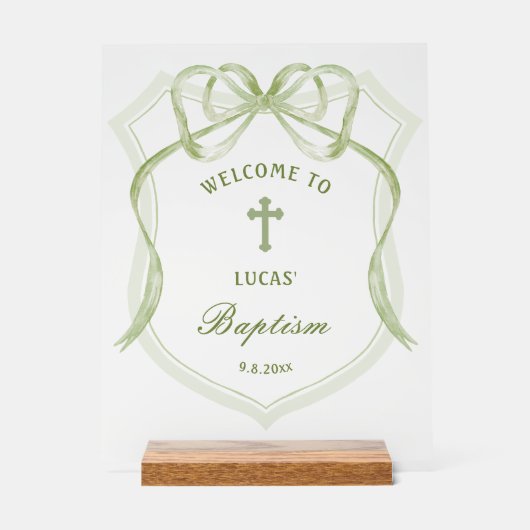 Sage Green Bow Crest doop welkom Acryl Bord (Voorkant)