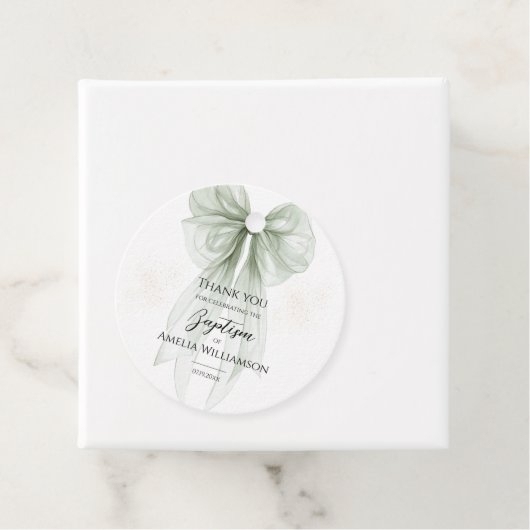 Sage Green Bow doop Bedankjes Labels (In situ)