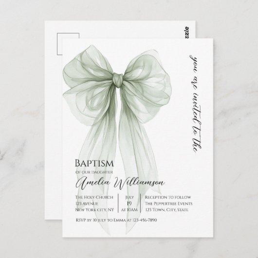 Sage Green Bow doop Briefkaart (Voorkant / Achterkant)