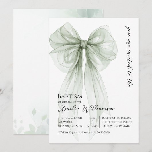 Sage Green Bow doop Kaart (Voorkant / Achterkant)