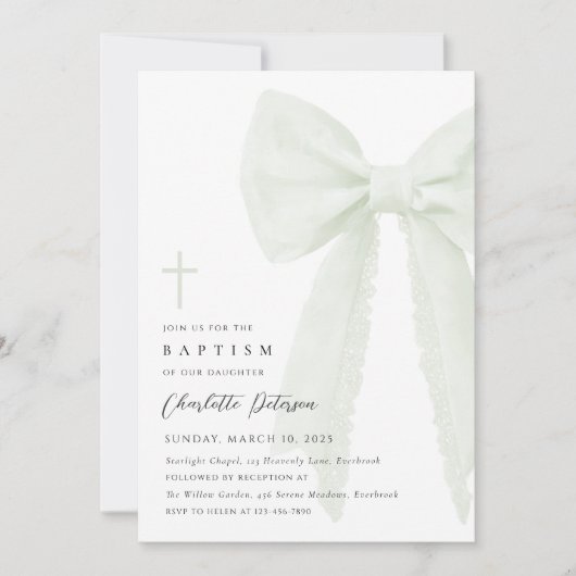 Sage Green Bow doop uitnodiging (Voorkant)