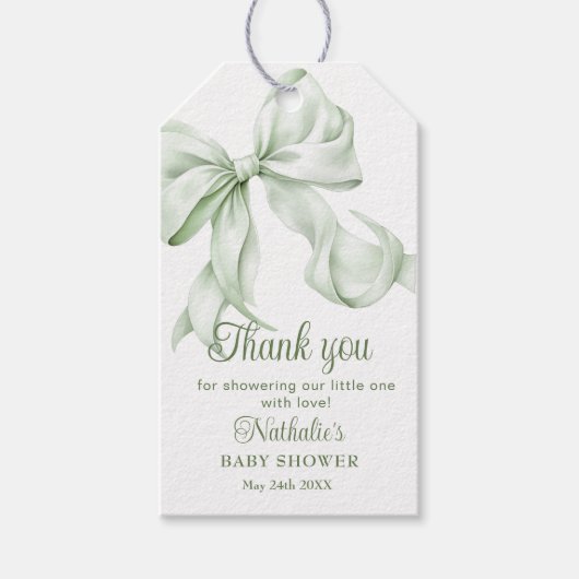 Sage Green Bow Gingham Baby shower Bedankt Cadeaulabel (Voorkant)
