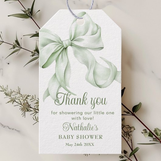 Sage Green Bow Gingham Baby shower Bedankt Cadeaulabel