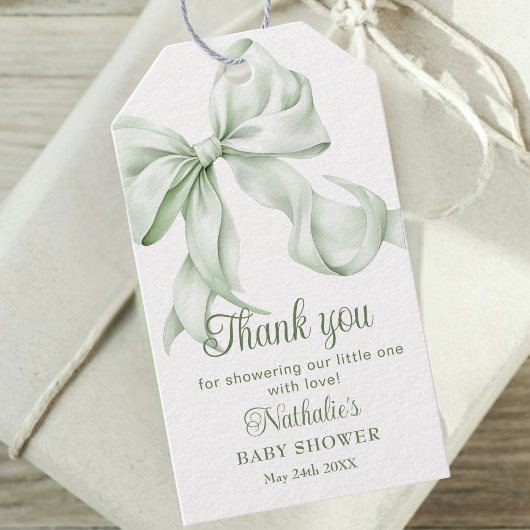 Sage Green Bow Gingham Baby shower Bedankt Cadeaulabel