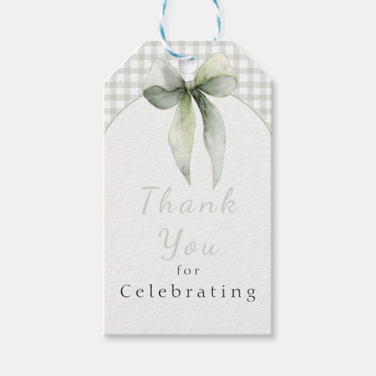 Sage Green Bow Gingham Baby Shower Cadeaulabel (Voorkant)