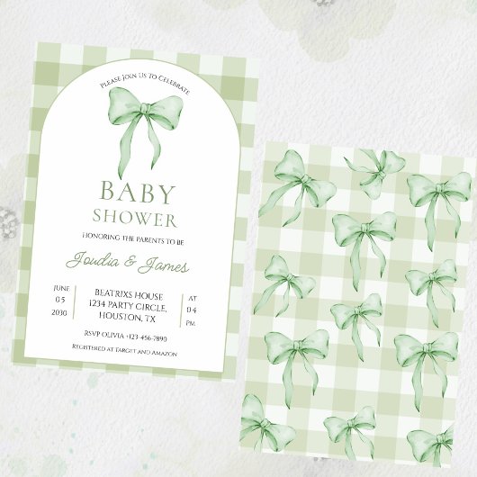 sage green Bow Gingham Baby Shower Invitation Kaart