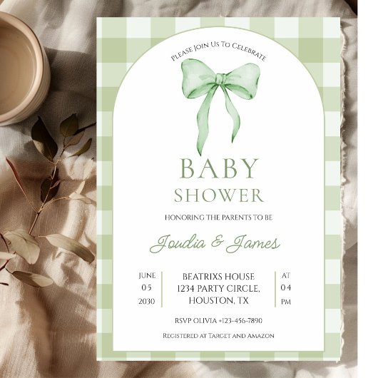 sage green Bow Gingham Baby Shower Invitation Kaart