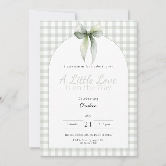 Sage Green Bow Gingham Baby Shower Kaart (Voorkant)