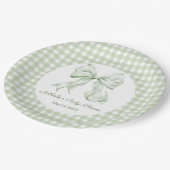Sage Green Bow Gingham Baby shower Papieren Bordje (Gekanteld)