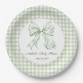 Sage Green Bow Gingham Baby shower Papieren Bordje (Voorkant)