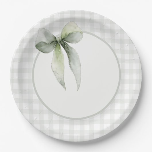 Sage Green Bow Gingham Baby Shower Papieren Bordje (Voorkant)