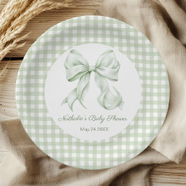 Sage Green Bow Gingham Baby shower Papieren Bordje
