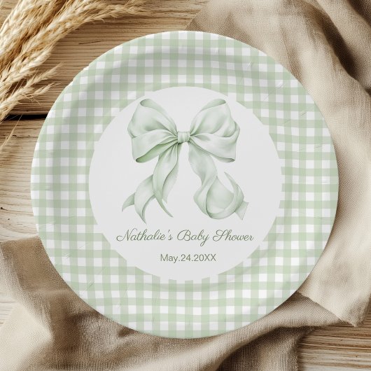Sage Green Bow Gingham Baby shower Papieren Bordje