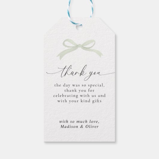 Sage Green Bow Monogram Thank You Message Wedding Cadeaulabel (Achterkant)