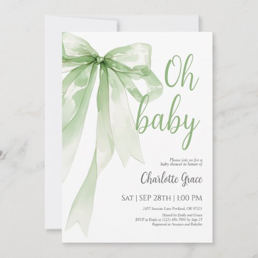Sage Green Bow Oh Baby shower Invitation Bedankkaart (Voorkant)