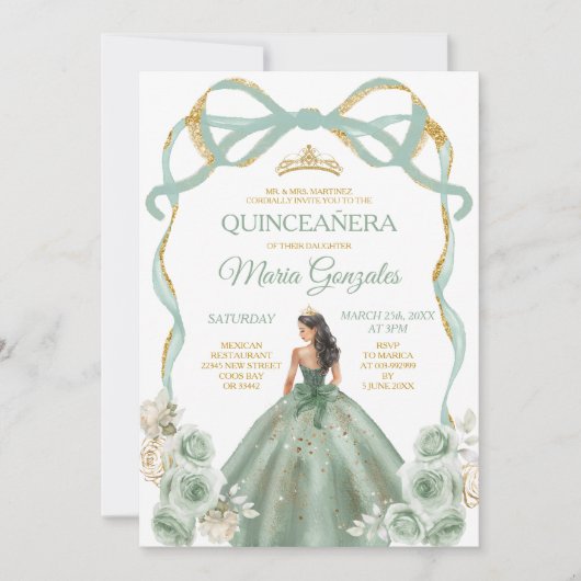 Sage Green Bow Princess Gold Crown Quinceañera Kaart (Voorkant)