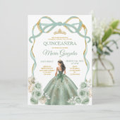 Sage Green Bow Princess Gold Crown Quinceañera Kaart (Staand voorkant)