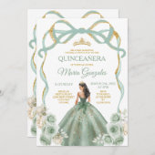 Sage Green Bow Princess Gold Crown Quinceañera Kaart (Voorkant / Achterkant)
