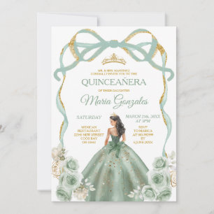 Sage Green Bow Princess Gold Crown Quinceañera Kaart