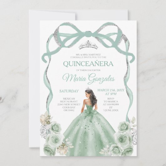 Sage Green Bow Princess Zilveren Kroon Quinceañera Kaart (Voorkant)
