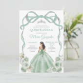 Sage Green Bow Princess Zilveren Kroon Quinceañera Kaart (Staand voorkant)