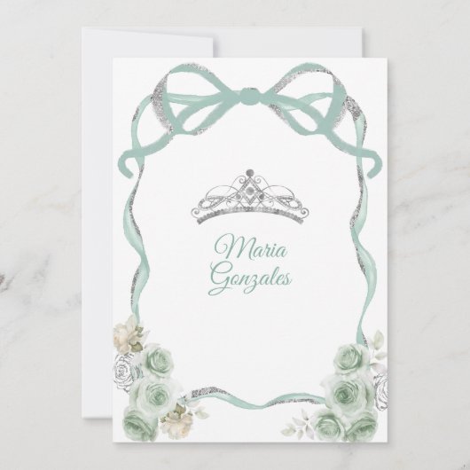 Sage Green Bow Princess Zilveren Kroon Quinceañera Kaart (Achterkant)