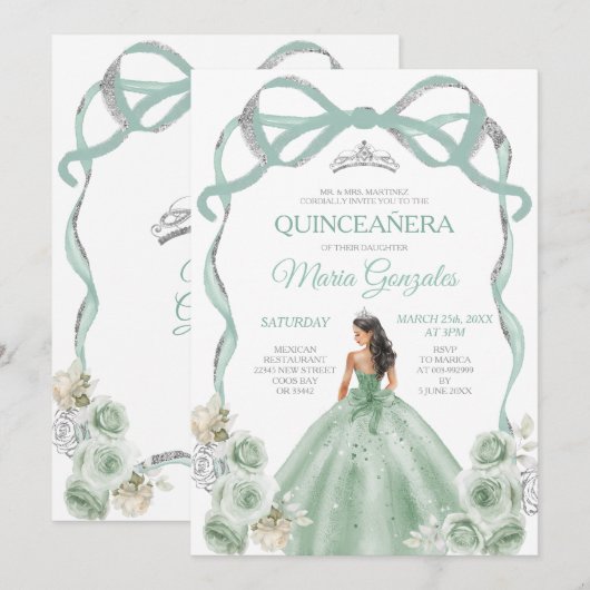 Sage Green Bow Princess Zilveren Kroon Quinceañera Kaart (Voorkant / Achterkant)
