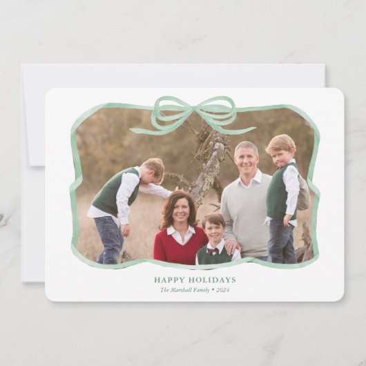 Sage Green Bow Ribbon Lijst Vrolijke Kerstfoto Feestdagenkaart (Voorkant)