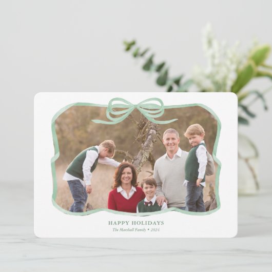 Sage Green Bow Ribbon Lijst Vrolijke Kerstfoto Feestdagenkaart (Staand voorkant)