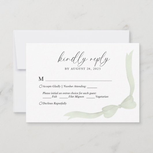 Sage Green Bow Ribbon Menu Choice Wedding RSVP (Voorkant)