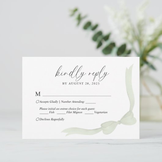 Sage Green Bow Ribbon Menu Choice Wedding RSVP (Staand voorkant)