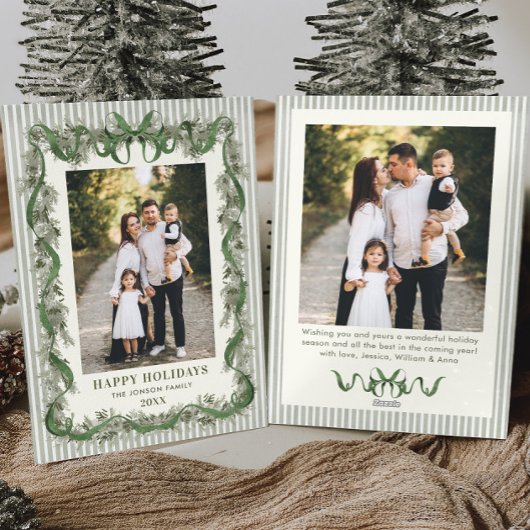 Sage Green Bow Ribbon Stripped Christmas 2 Photo Feestdagenkaart