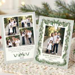 Sage Green Bow Ribbon Stripped Christmas 5 Photo Feestdagenkaart