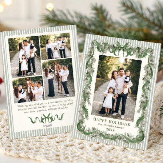 Sage Green Bow Ribbon Stripped Christmas 5 Photo Feestdagenkaart