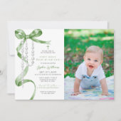 Sage Green Bow & Rozenkrans Foto Eerste Heilige Co Kaart (Voorkant)