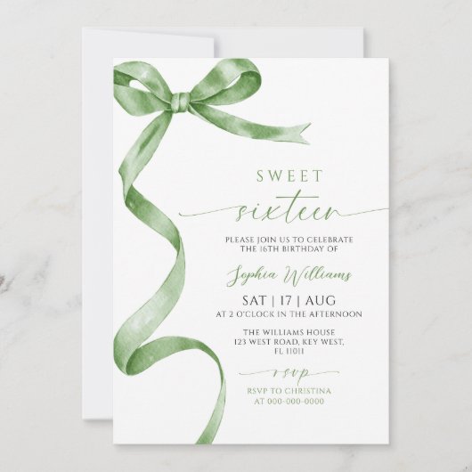 Sage Green Bow Sweet 16 Verjaardag Uitnodiging (Voorkant)