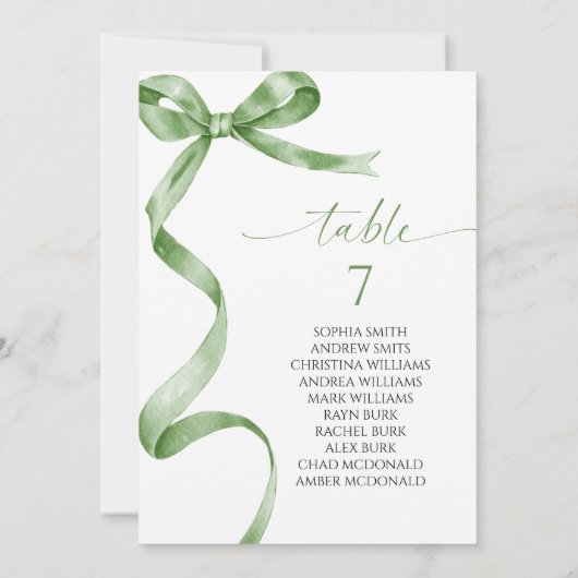 Sage Green Bow Tafel Nummer Zitplaatskaart Kaart (Achterkant)