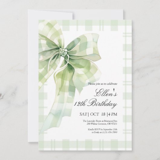 Sage Green Bow verjaardagsuitnodiging Bedankkaart (Voorkant)
