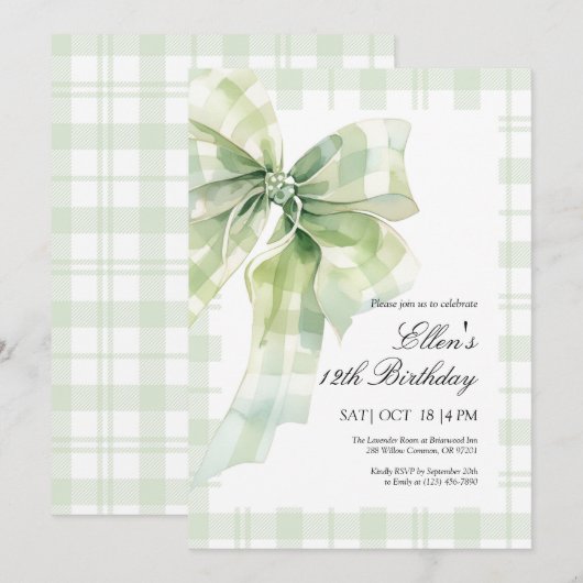 Sage Green Bow verjaardagsuitnodiging Bedankkaart (Voorkant / Achterkant)